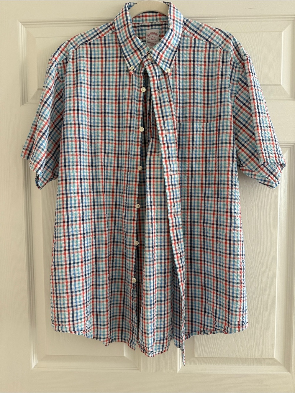 Brooks Brothers Men’s  Short-Sleeve Plaid Button-Down Shirt - Blue/Red/White
